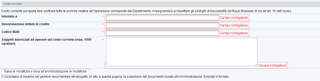 Scorrendo nella successiva videata fino alla sezione Conto corrente si troveranno i campi relativi al conto corrente.