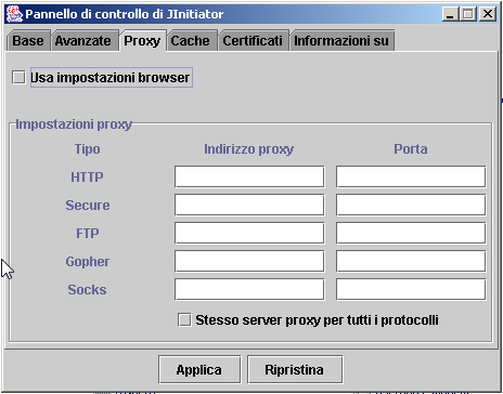 Proxy in Jinitiator Andare nella pagina di Pannello di Controllo ed eseguire l icona del componente Jinitiator 1.3.1.13.