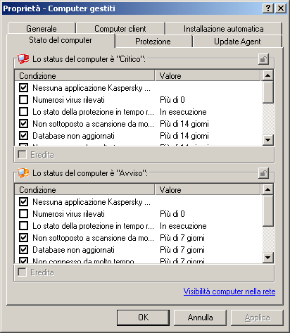 G U I D A P E R L ' A M M I N I S T R A T O R E La diagnostica dello stato dei computer client viene eseguita in base ai dati che descrivono lo stato della protezione antivirus in un host e le