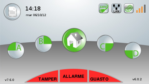 Livello di segnale GSM Stato delle zone Icone di anomalie in corso (tamper, guasti) Icona di memoria allarme Icona dello storico eventi Versione di firmware di centrale (in basso a sinistra) e di