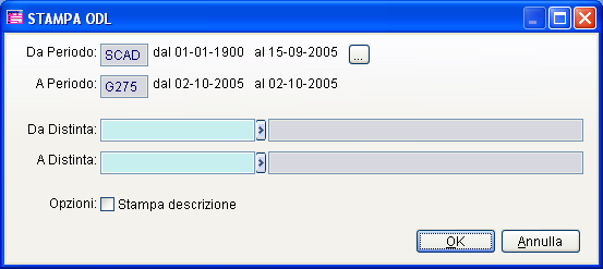 il Dettaglio. $ Stampa Questo bottone permette di accedere alla maschera di Stampa ODL, che permette di stampare l andamento degli Ordini di Lavorazione nell orizzonte temporale. Fig.