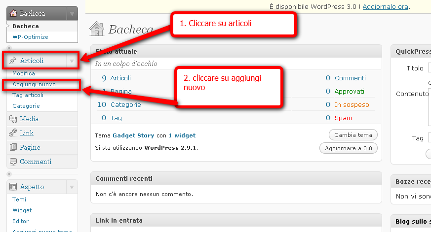 3) Modifica: Modificare articoli già esistenti. 4) Aggiungi nuovo: creare un articolo da zero. 5) Tag articoli: etichettare gli articoli con parole chiave rilevanti.