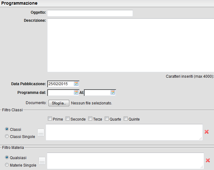 La finestra di pubblicazione dei documenti infatti, consente l'impostazione di numerosi filtri: periodo di validità del documento, filtro articolato sulle classi, solo classi