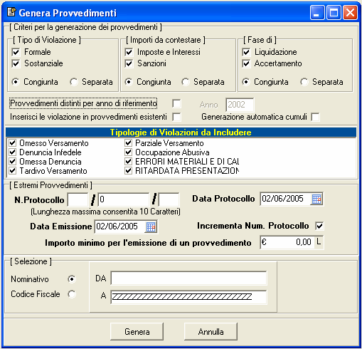 Provvedimenti Si può generare il singolo provvedimento partendo dalle violazioni commesse o generare i provvedimenti anche questa volta in modo massivo, attraverso una serie di parametri definibili