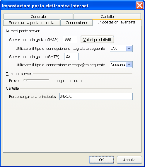 Nella finestra Impostazioni posta elettronica Internet selezionare la scheda Impostazioni Avanzate, nell'opzione Server posta in arrivo (IMAP): Utilizzare il tipo di connessione crittografata