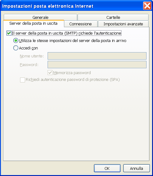 Nella finestra Impostazioni posta elettronica Internet selezionare la scheda Server della posta in uscita e selezionare la casella Il server della posta in uscita (SMTP)