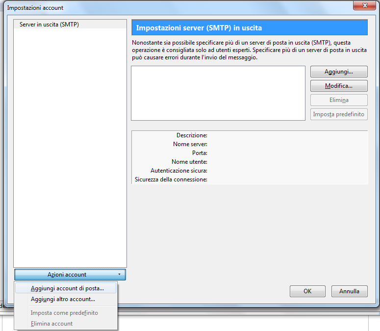 Nella finestra Impostazioni account selezionare Azioni account e successivamente Aggiungi
