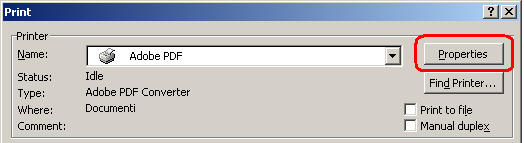STEP 2 Vai nella sezione Properties della stampante "Adobe PDF": Nella sezione Adobe PDF settings, aggiorna le proprietà,
