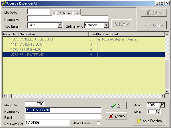 Archivio Dipendenti La maschera permette di ricercare e gestire i dati dei dipendenti. E possibile limitare la ricerca utilizzando i campi di ricerca posti in alto e premendo il pulsante Trova.