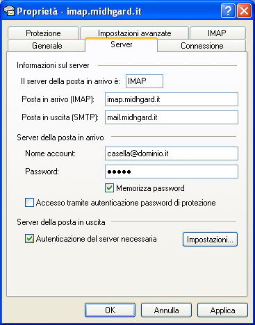 Nella finestra Proprietà selezionare la scheda Server quindi selezionare la casella Autenticazione del server necessaria. Selezionare Impostazioni.