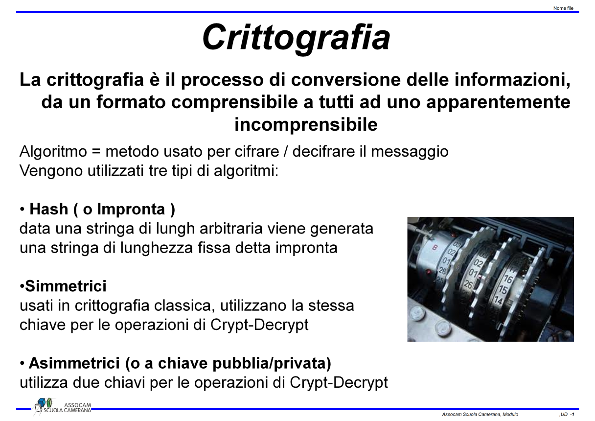 Simmetrici: sono quelli usati dalla crittografia classica ed essi permettono al mittente e al destinatario di usare la medesima chiave per rispettivamente crittare e decrittare un messaggio.