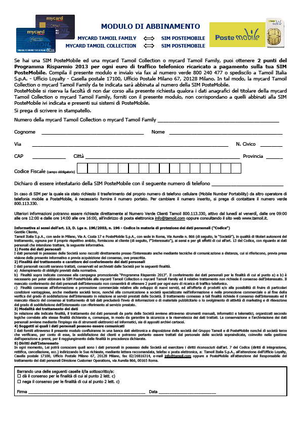 FAC SIMILE MODULO DI ABBINAMENTO MYCARD TAMOIL SIM POSTEMOBILE