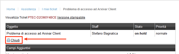 Guida: chiudere un ticket Quando il problema segnalato viene risolto, si può procedere alla chiusura del ticket, tramite il pulsante Chiudi.