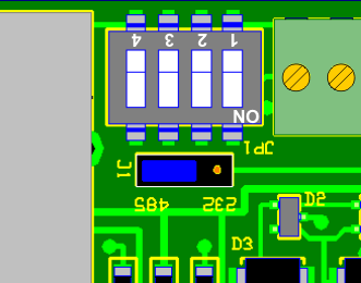 Configurazione Hardware La configurazione hardware del ComSrv viene effettuata a mezzo di quattro dip switch (JP1) e un jumper (J1), che si trovano sulla scheda vicino alla presa RJ45 (figura 5).