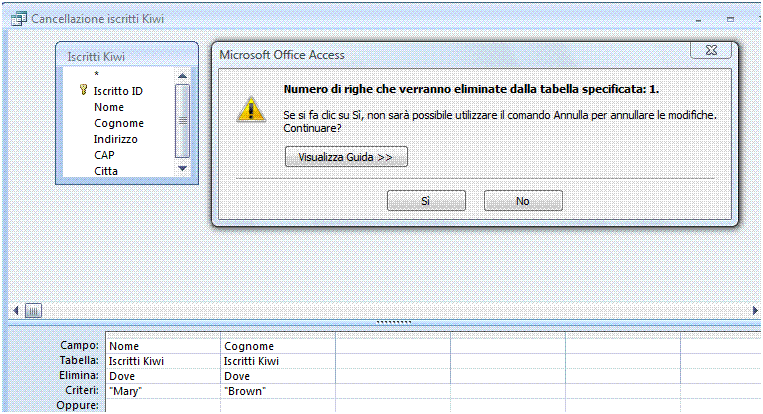 AM5 Database livello avanzato 21 Riferimento al Sample Test AM5.1 Domanda n.7 Viene richiesto di eliminare dalla tabella Iscritti kiwi i record che hanno Mary nel campo Nome e Brown nel campo Cognome.