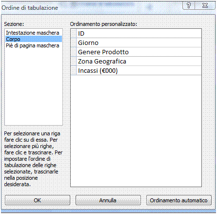 AM5 Database livello avanzato 37 Riferimento al Sample Test AM5.1 Domanda n.14 Viene richiesto di impostare per la maschera Pivot l ordine di selezione dei campi, mediante tabulazione. (vedi Figura 5.