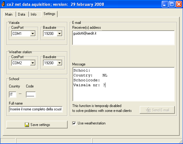 Inserire la porta COM cui è attaccato il Vaisala e la velocità a 19200 Inserire la porta COM della stazione Davis e la velocità a 19200