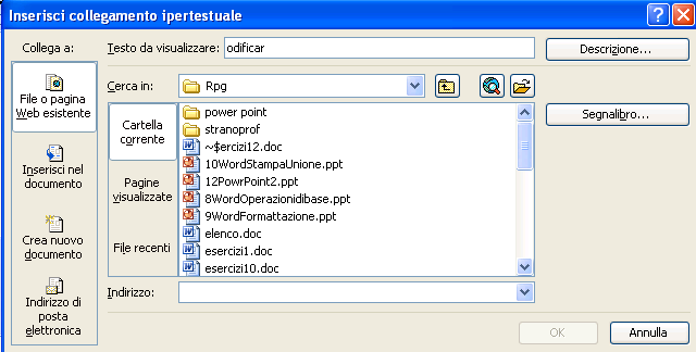 Collegamento ipertestuale Attraverso il comando collegamento ipertestuale nel menu inserisci è possibile inserire un collegamento, per esempio, ad un altra diapositiva della stessa presentazione,