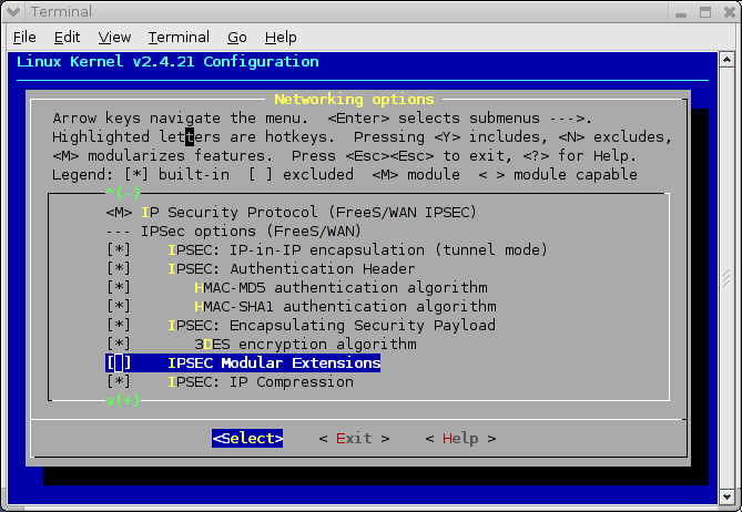 52 CAPITOLO 2. VIRTUAL PRIVATE NETWORK Figura 2.5: Opzioni di configurazione per FreeS/WAN. 2.2.2 Configurazione di base Una volta installato un kernel con l opportuno supporto e riavviata la macchina 4 si può passare alla configurazione di IPSEC.