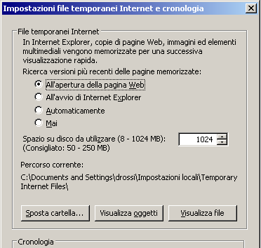 4) Disattivazione cache pagine Web Aprire le opzioni di Internet Explorer dalla voce Strumenti/Opzioni Internet e cliccare sulla scheda Generale e successivamente sul pulsante Impostazioni