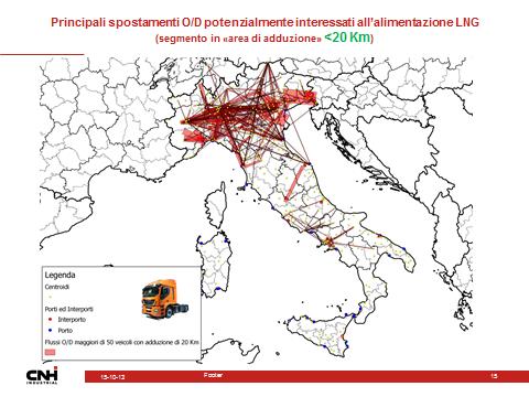 La localizzazione dei traffici potenzialmente serviti da mezzi a GNL è fortemente concentrata nella rete delle Regioni del Nord Italia. La Figura 3.