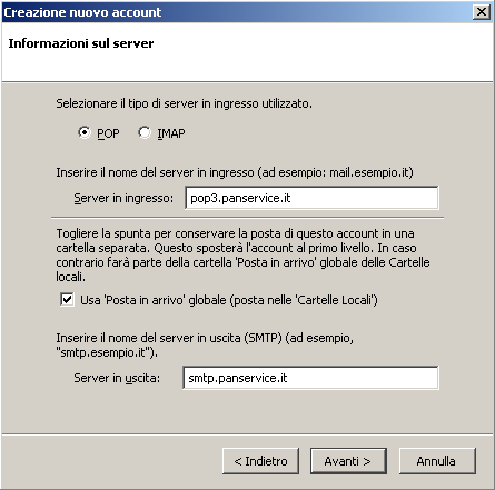 Nella finestra Informazioni sul server selezionare il tipo di server in ingresso utlizzato, e scegliere POP3, poi inserire il Nome del server in ingresso ed