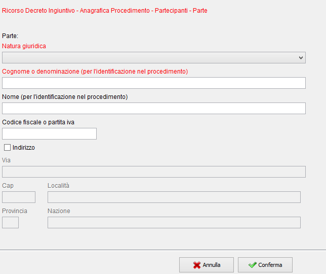 1. Il primo relativo alla parte Per inserire la parte cliccare su NUOVO e si aprirà la schermata di inserimento parte (v figura 16), anche qui come per tutto il software i campi rossi sono