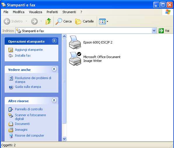 Stampanti e fax Per installare una stampante o visualizzare quelle già presenti basta accedere alla cartella Stampanti e fax dal pulsante Start Nella finestra di dialogo vengono mostrate le stampanti
