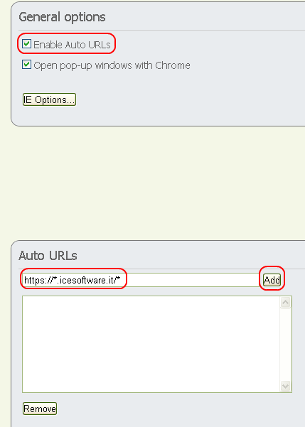 Individuare l estensione IE Tab e cliccare su Opzioni. Verificare che Enable Auto URLs sia attivo. Digitare l URL https://*.icesoftware.