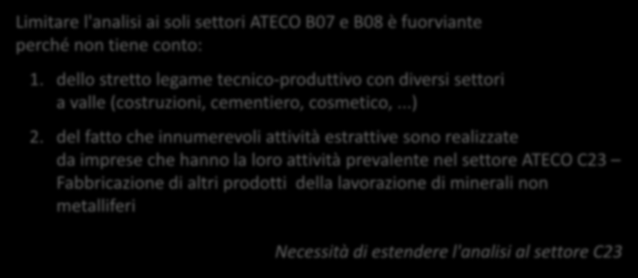 Una metodologia di analisi per il settore estrattivo Fonti secondarie I settori di riferimento per le attività estrattive non energetiche corrispondono ai codici ATECO: B07 Estrazione di minerali