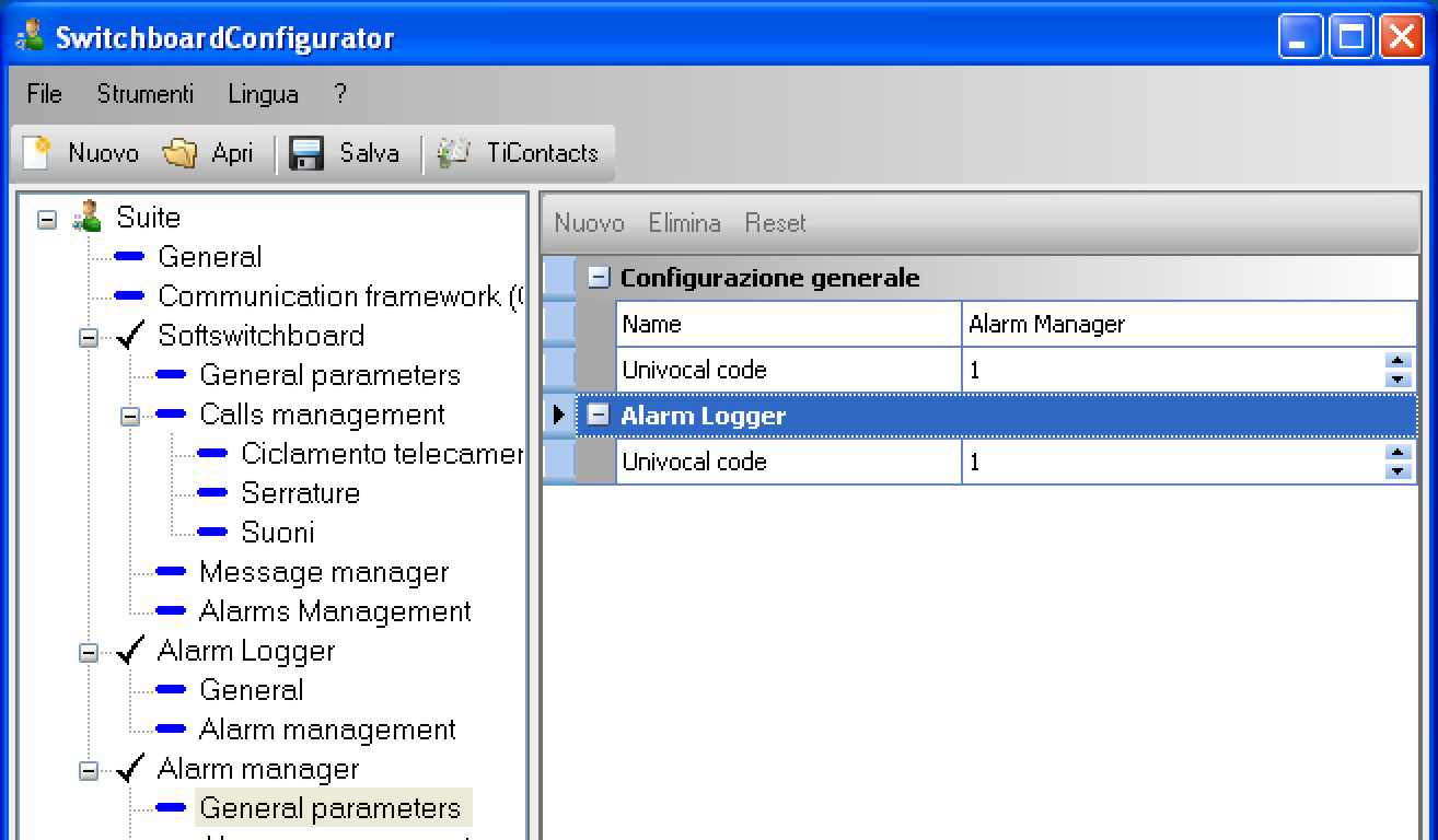 4.5 Alarm manager 4.5.1 General parameters Configurazione generale Nome Inserire una descrizione personalizzata per l Alarm manager Univocal code Assegnare un indirizzo univoco per l Alarm manager