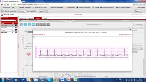 Zephyr Bioharness Web site Coaching system La pagina web mostra una consolle o cruscotto da cui è possibile visualizzare in tempo reale ( fig 8 ) la frequenza cardiaca, frequenza respiratoria,