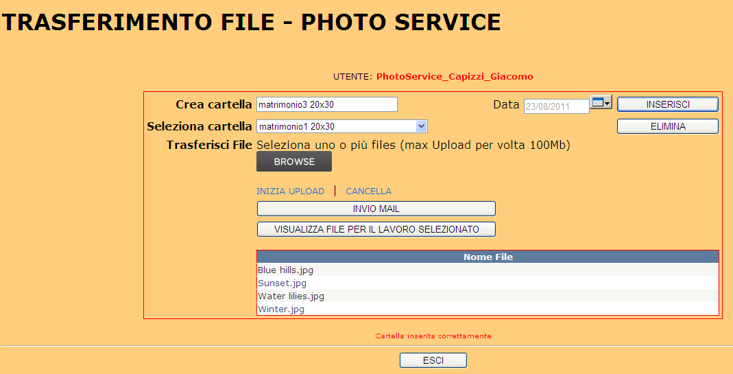 1. Trasferimento file PhotoService: a. Crea cartella; b. Seleziona File (BROWSE); c. Upload file; d. Invio Mail; e.