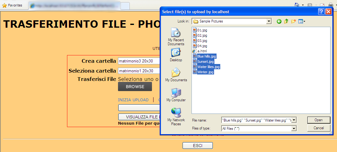 1. Trasferimento file PhotoService: a. Crea cartella; b. Seleziona File (BROWSE); c. Upload file; d.