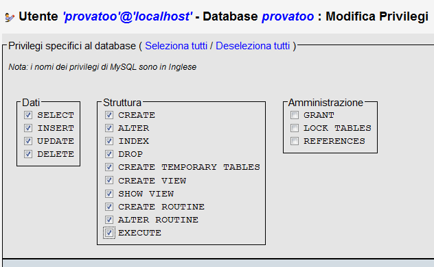 11- Create un nuovo DataBase, scegliete il nome che volete, e segnatevelo; 12- Cliccate su Privilegi; 13- Cliccate ora sull icona a sinistra dell utente che avete creato; 14- Andate sul riquadro