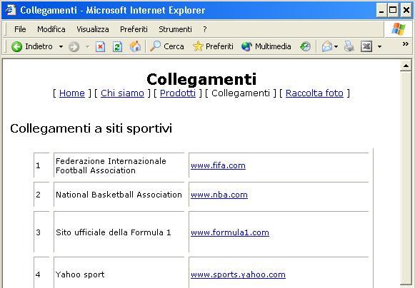 G Pagina Collegamenti con effetti dinamici DHTML 28. In visualizzazione Pagina, digita Collegamenti a siti sportivi.