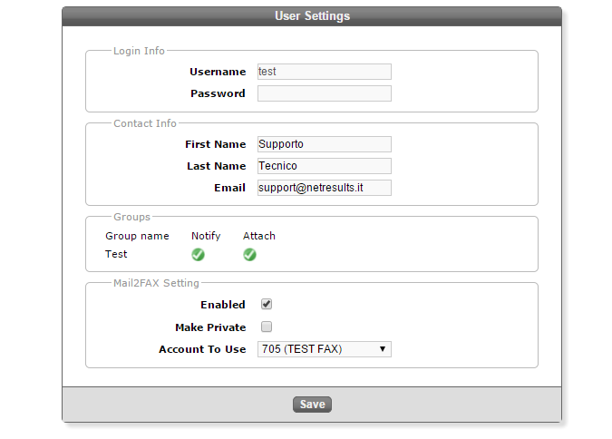 Capitl 4 - User Settings In quest pannell è pssibile impstare i parametri utente (passwrd e indirizz e-mail) utilizzati dal KallipeFAX per l access al sistema e la ricezine/invi dei fax via e-mail.