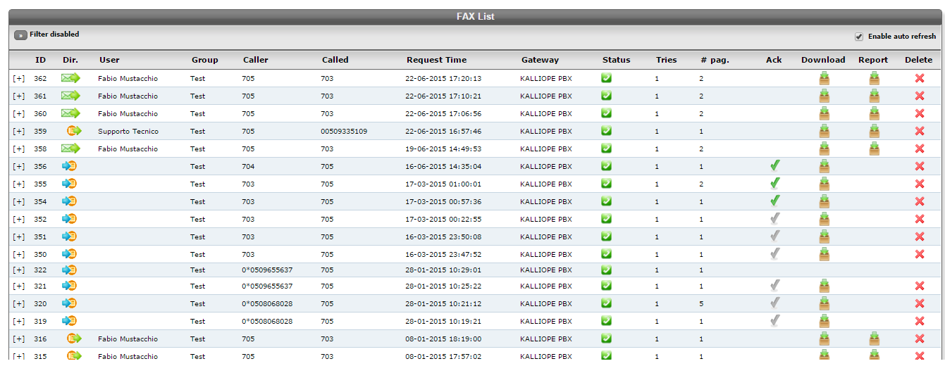 Capitl 2 - FAX List Nel pannell Fax List è mstrat l stric di tutti i fax inviati/ricevuti e visibili all utente che ha effettuat l access.