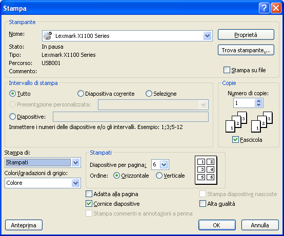 G. Pettarin ECDL Modulo 6: Strumenti di presentazione 132 Tutto: in questo caso è stampata tutta la presentazione. Selezione: sono stampate solo le diapositive selezionate.