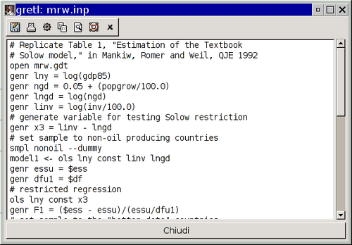 Capitolo 3 Modalità di lavoro 3.1 Script di comandi I comandi gretl eseguiti utilizzando le finestre di dialogo dell interfaccia grafica vengono registrati sotto forma di file script o log.