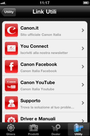 Canon EOS App - Utility Ultima sezione, quella di Utility: una raccolta di risorse e documenti utili per il vero fotografo, tra cui un glossario e delle Best Practice per il mestiere