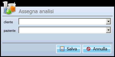 2.1 Assegnazione analisi ricevute Premere il tasto Assegna per associare l'analisi ricevuta ad un paziente Questa finestra permette di selezionare il paziente a cui assegnare l'analisi.