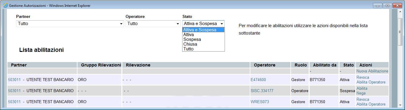 Ogni abilitazione può essere in tre differenti stati: Attiva: abilitazione operativa. Sospesa: abilitazione richiesta, in attesa di approvazione. Chiusa: abilitazione revocata.