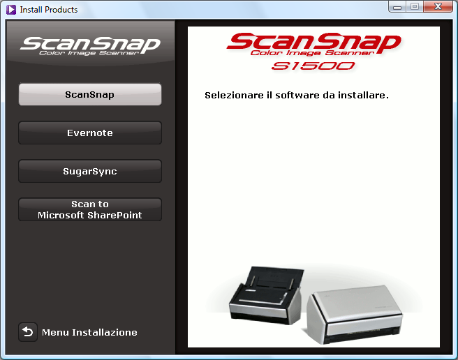 Installazione in Windows 4. Cliccare il tasto [Scan to Microsoft SharePoint]. Esempio: finestra di dialogo [Install Products] di S1500 L installazione si avvia. 5.