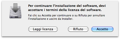 Installazione in Mac OS 10.Per accettare il contratto di licenza, cliccare il tasto [Accetto]. Si visualizza la schermata [Installazione standard su "nome del disco"]. 11.Cliccare il tasto [Installa].