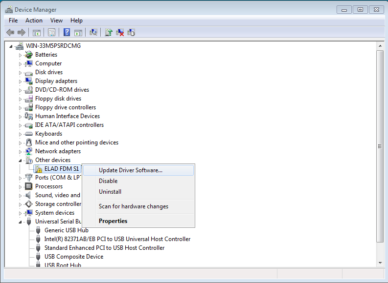 2.2 Driver USB FDM-S1 2.2.1 Installazione del driver USB FDM-S1 in Windows 7 2.2.1.1 Prima installazione del driver Per installare il driver ELAD FDM-S1, collegare il ricevitore FDM-S1 a una porta USB 2.