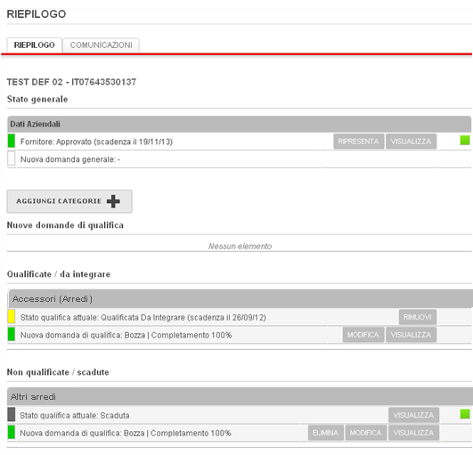 3.6. Domande di categoria Qualificate / da Integrare Il cliente può decidere di far qualificare il fornitore su una categoria specifica; dopo aver eseguito questa azione, la categoria viene