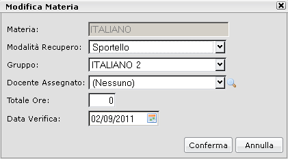 Il modo più semplice per inserire le materie oggetto di recupero è quello di cliccare sul pulsante di importazione dal tabellone degli scrutini ( ); il programma predispone il recupero per le materie