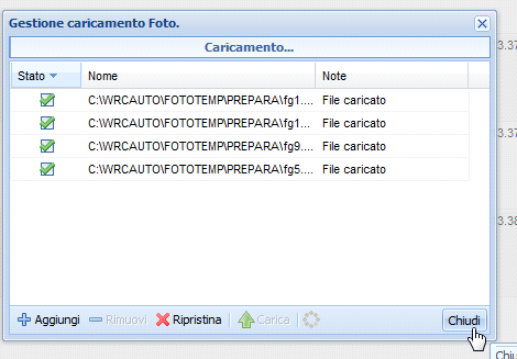 La colonna note indica se il caricamento è andato a buon fine. Per visualizzare i file caricati fare click su Chiudi.