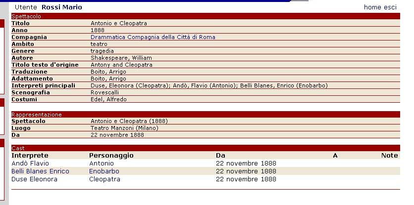 Spettacolo. Scheda descrittiva Cliccando su cast appare la seguente pagina: Fig. 14. Rappresentazione.